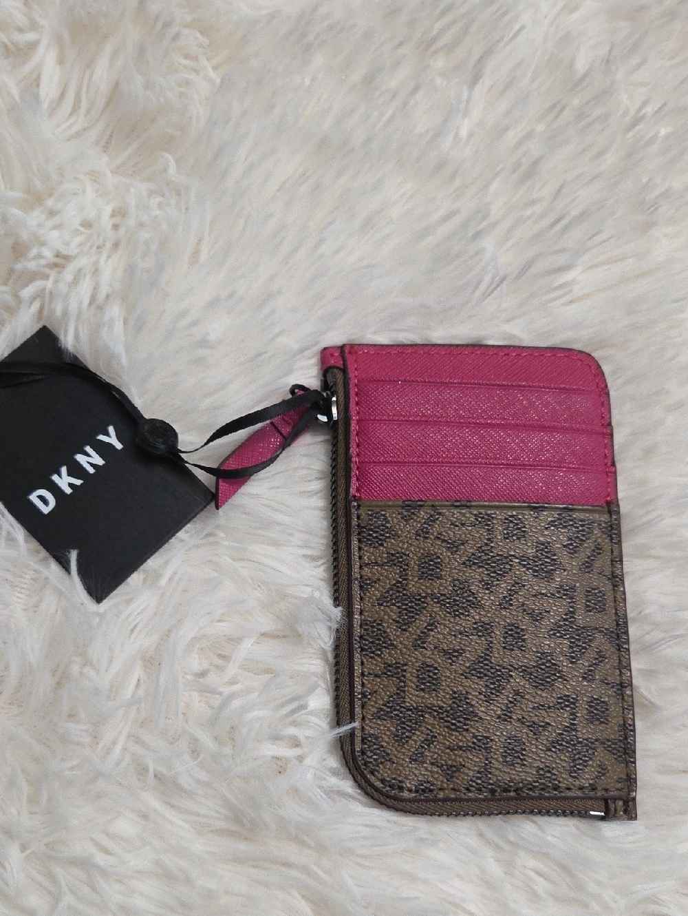 DKNY Pink and Brown Monogram Zip Card Holder
